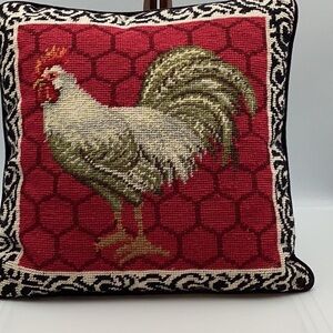 Needlepoint, rooster, pillow, velvet, backing, black, and white trim